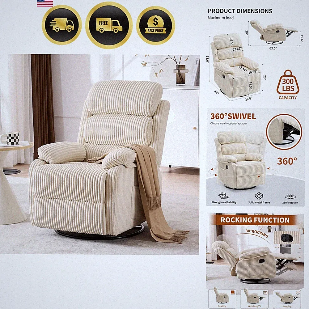 Adult Rocking Recliner Chair Sofa Velvet Fabric Swivel Recline Side Pocket