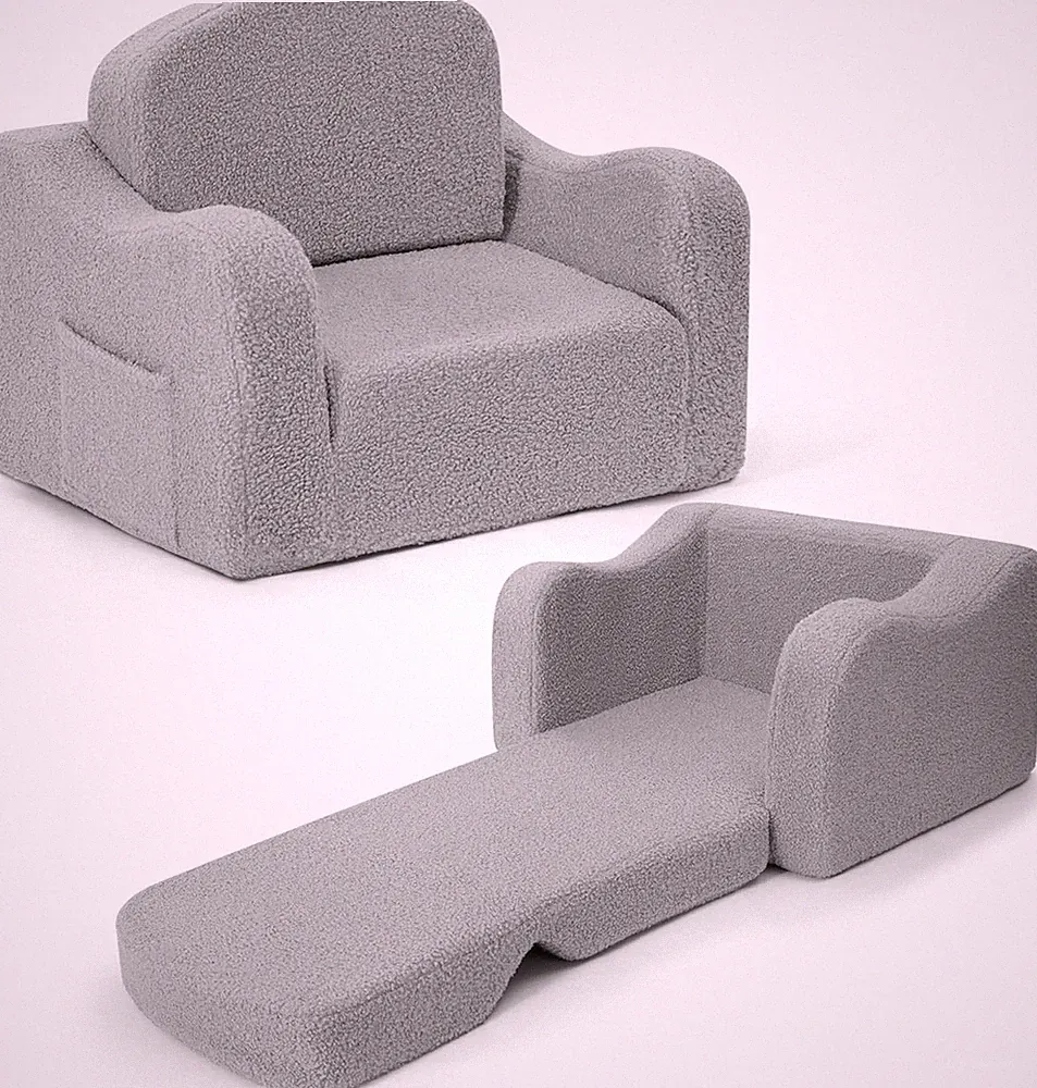 Comfy Toddler 2-in-1 Soft Chair Couch | Fold Out Plush Sofa Lounger | Light Grey