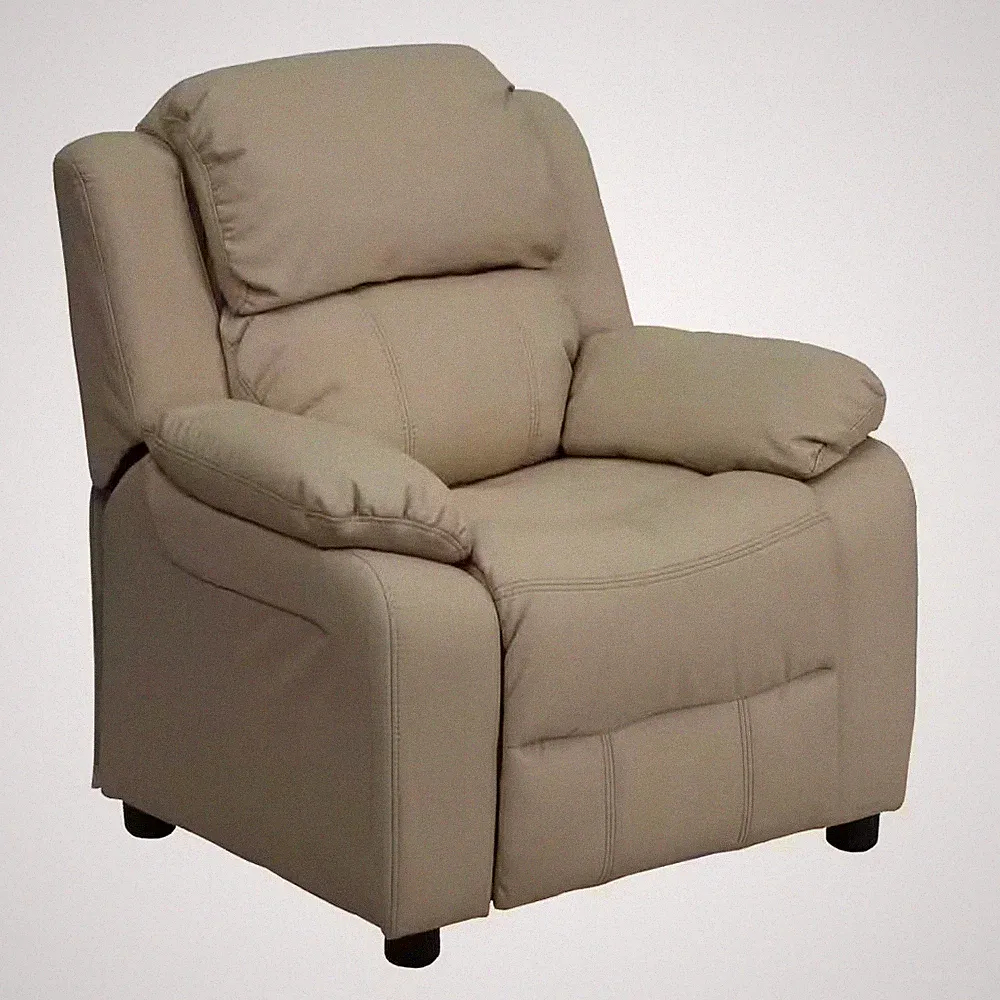 Deluxe Padded Contemporary Beige Vinyl Kids Recliner with Storage Arms