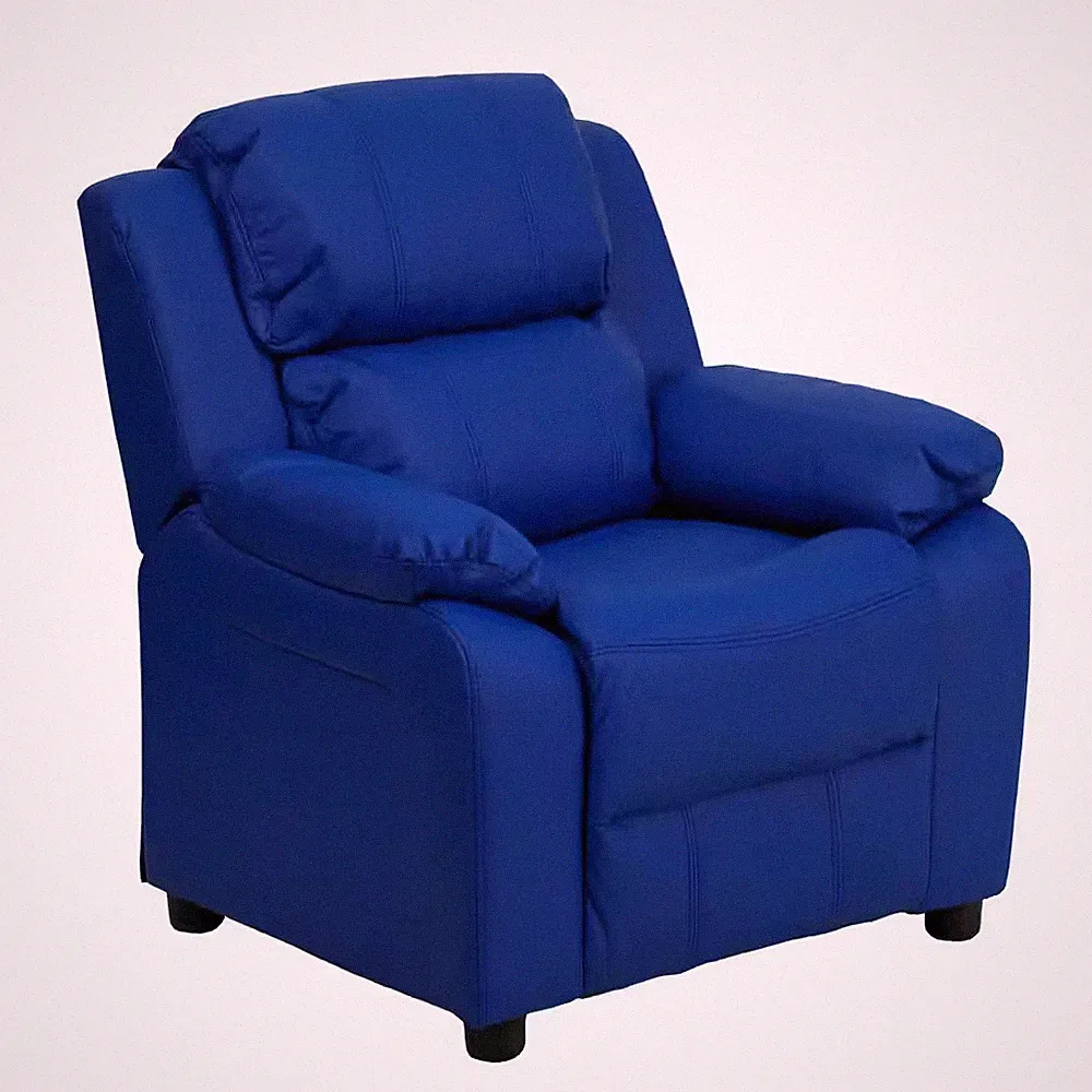 Deluxe Padded Contemporary Blue Vinyl Kids Recliner with Storage Arms