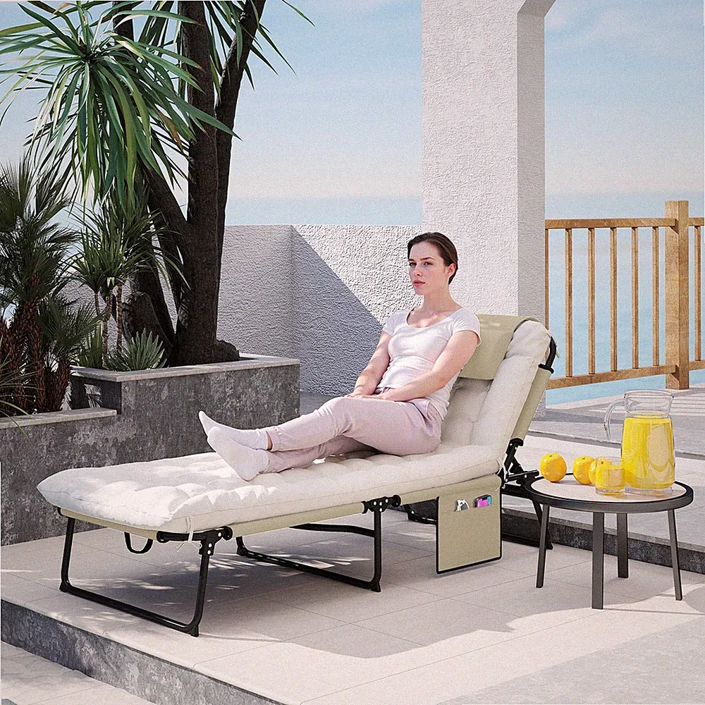 Folding Chaise Lounge Pool Chair with 4-level Reclining Back, Cushion, Side Poc