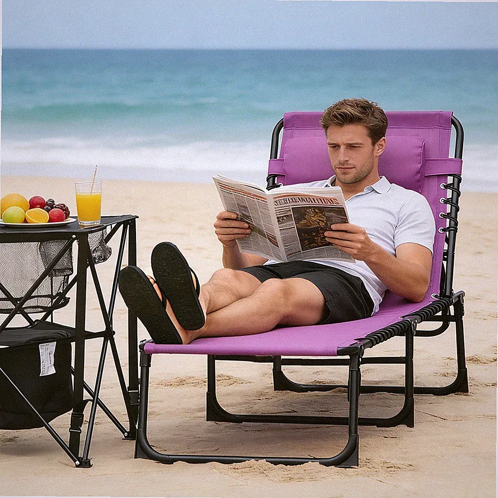 Folding Chaise Lounge Pool Chair with 4-Position Reclining Back, Pillow, Breath