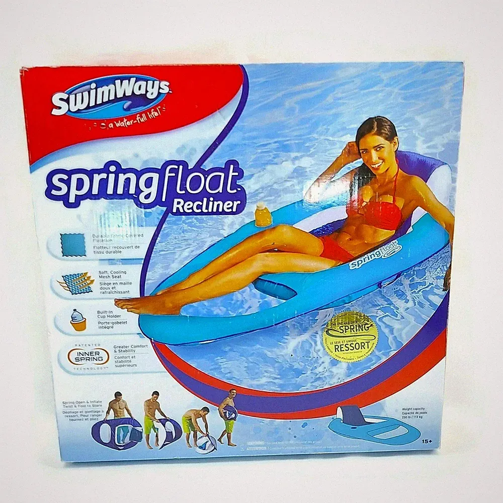 SwimWays Spring Float Recliner Swim Lounger for Pool Light Blue