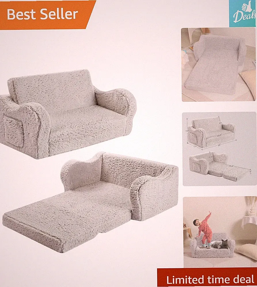Versatile Grey Kids Lounge Chair: 2-in-1 Flip-Out Design, Machine Washable
