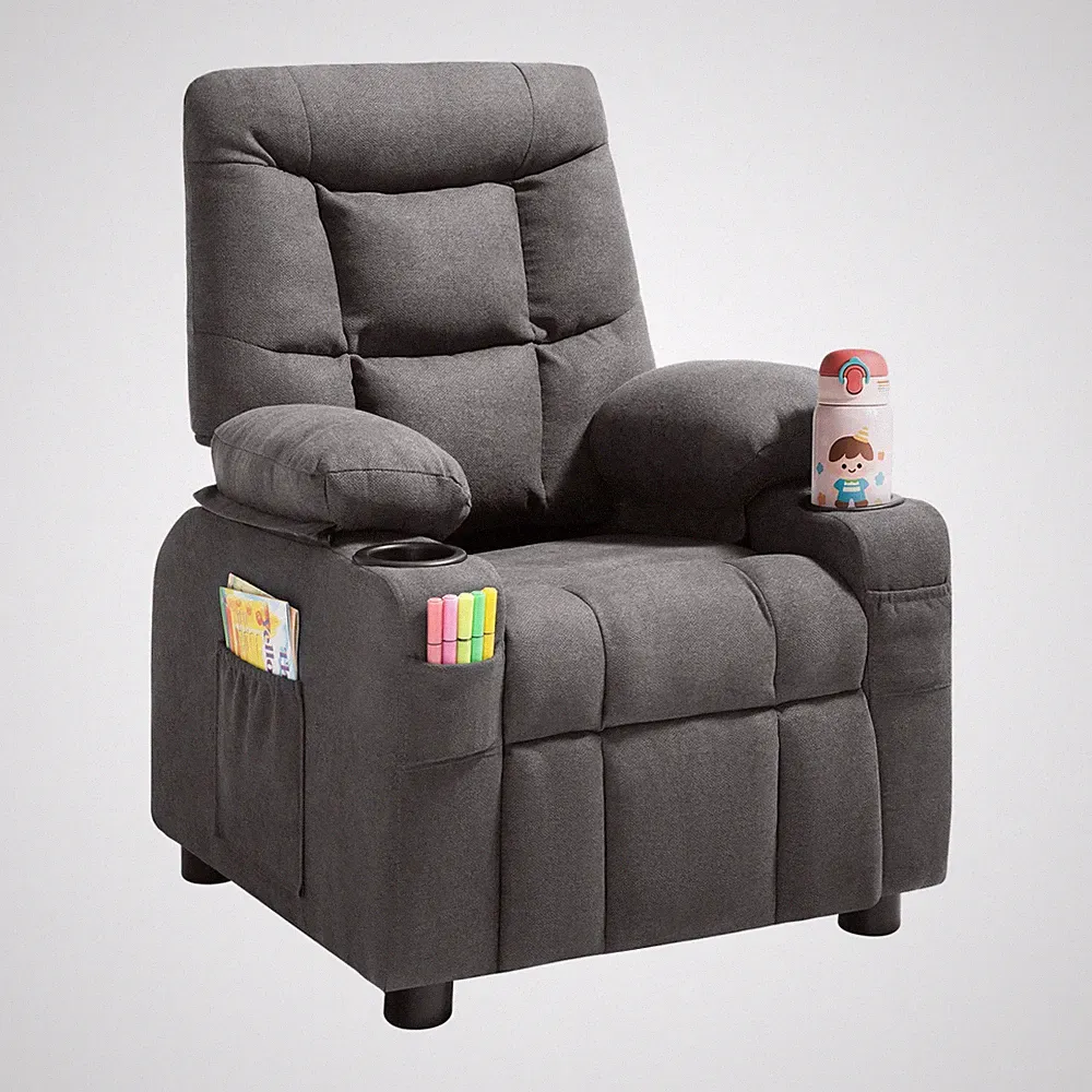 VEVOR Kids Reclining Chair Toddler Recliner with Cup Holders & Pockets (Grey)